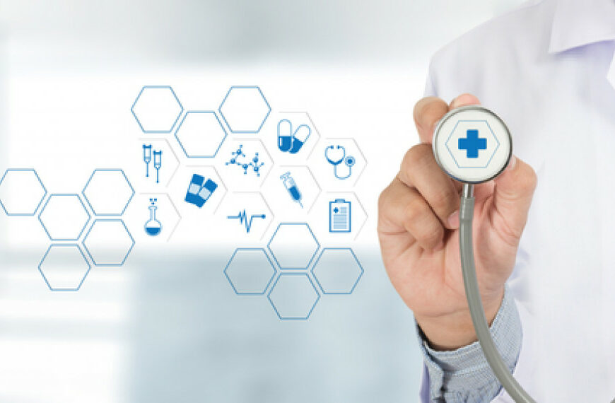 a doctor holding a stethoscope beside symbols related to medicine and wellness